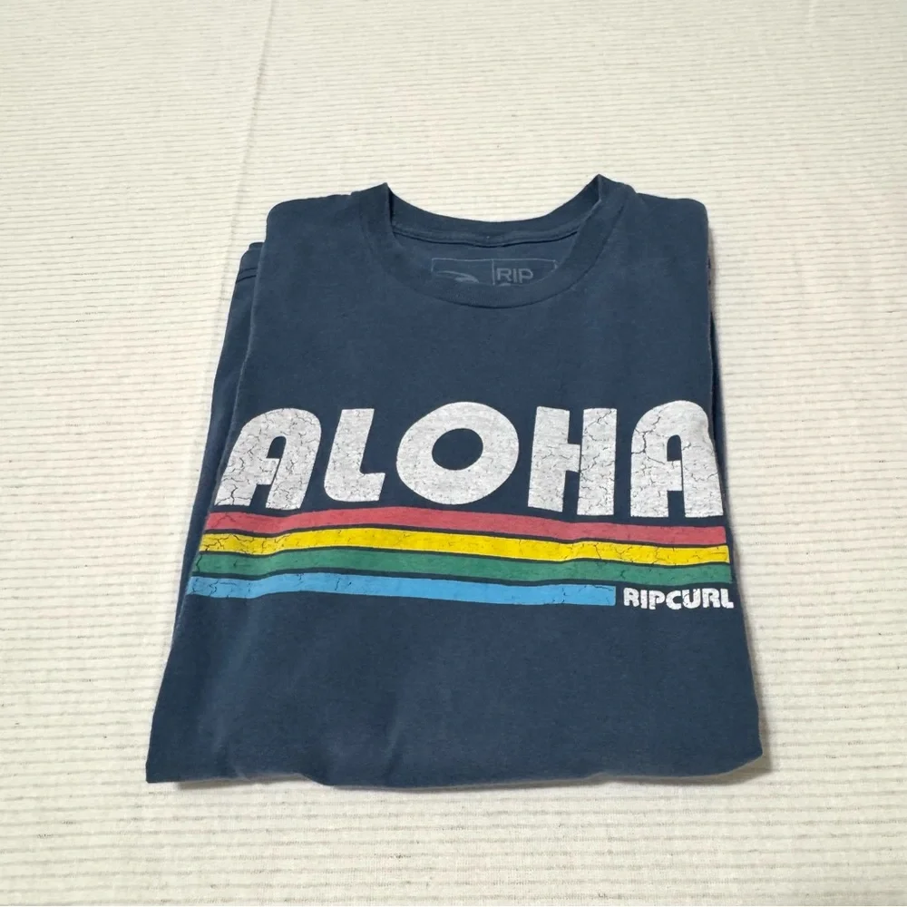 Vintage Rip Curl Aloha Graphic Tee Navy Small Slim Fit Surf Hawaii Rainbow - Picture 6 of 6